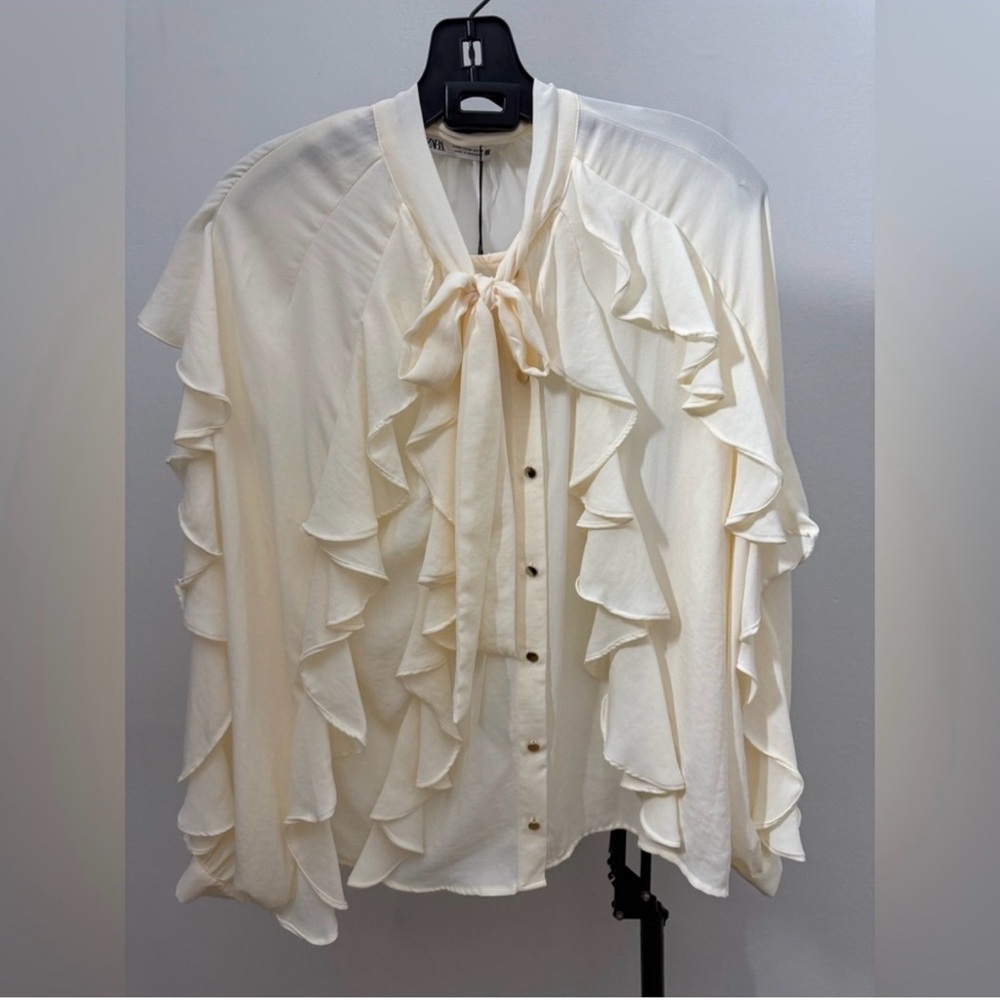 Zara Cream Ruffle Tie-Neck Blouse - Picture 4 of 4
